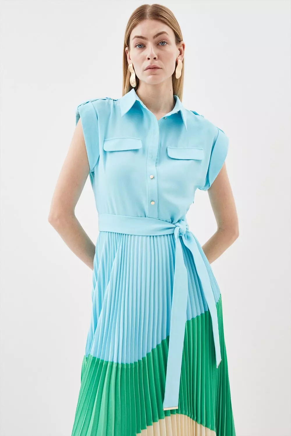 Color Block Pleated Woven Midi Shirt Dress